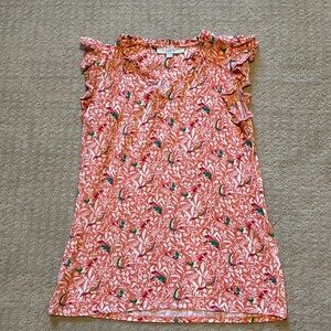 LOFT size S, coral, sleeveless top with subtle tropical pattern.